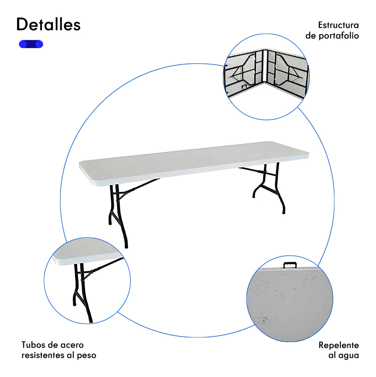 Mesa Portafolio Plegable 180cm Resistente Exterior Jardin Color Blanco